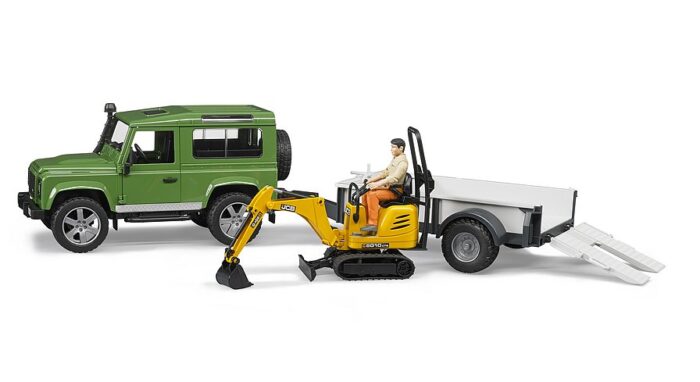 BRUDER Land Rover Defender with trailer, JCB excav