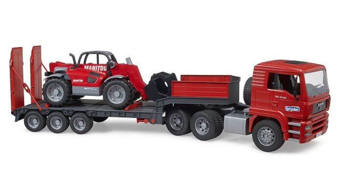 BRUDER MAN TGA truck with low loader trailer and M