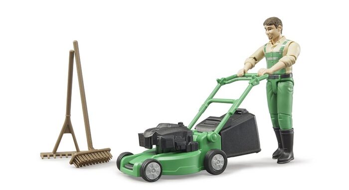 BRUDER bworld gardener with lawnmower and equipmen