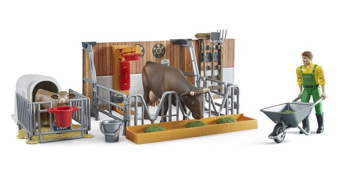BRUDER bworld Cow and calf barn with farmer